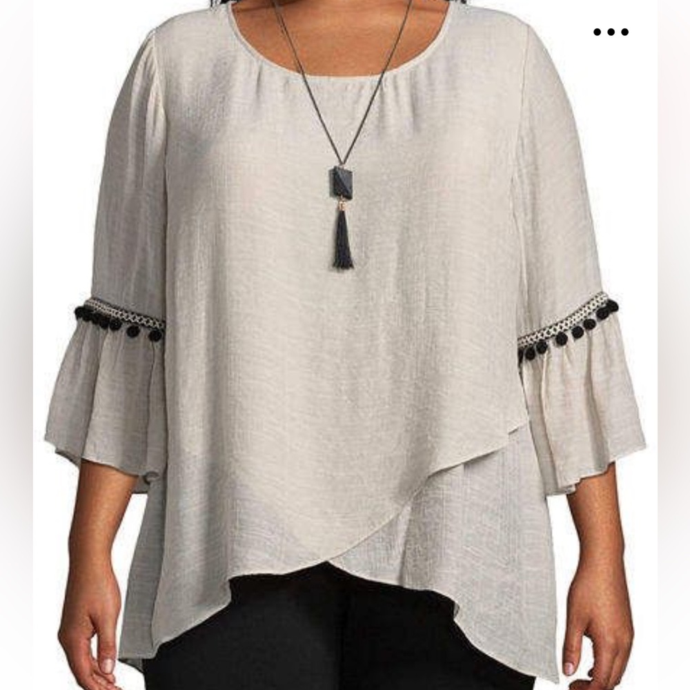 🔴 4/$15 I.N. Studio Women’s S Gauzy Beige Black Pom Pom Trim 3/4 Sleeve Top EUC